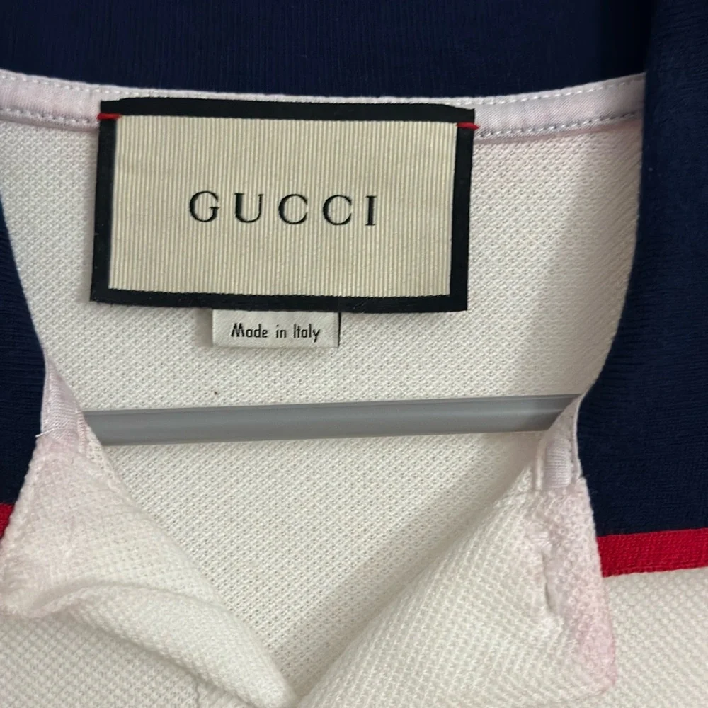 Gucci White Polo with Red Stripes and Navy Collar